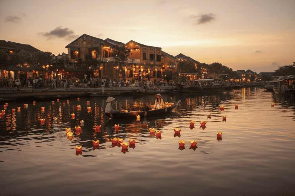 Floating lanterns illuminate the Hoai River in Hoi An, creating a magical and serene evening spectacle